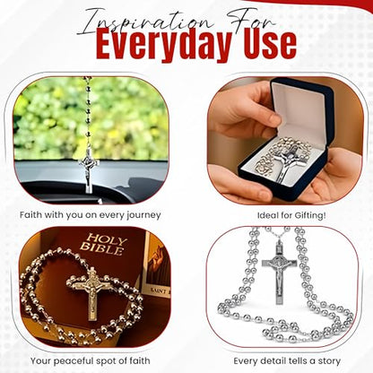 SANCTUM VERITAS Catholic Rosary Necklace | Large Italian Prayer Beads Gift - style: Silver Steel