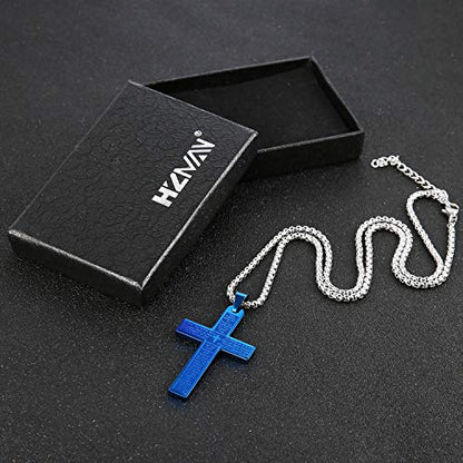HZMAN Stainless Steel Cross Necklace for Men Women Lord's Prayer Pendant - color: Blue