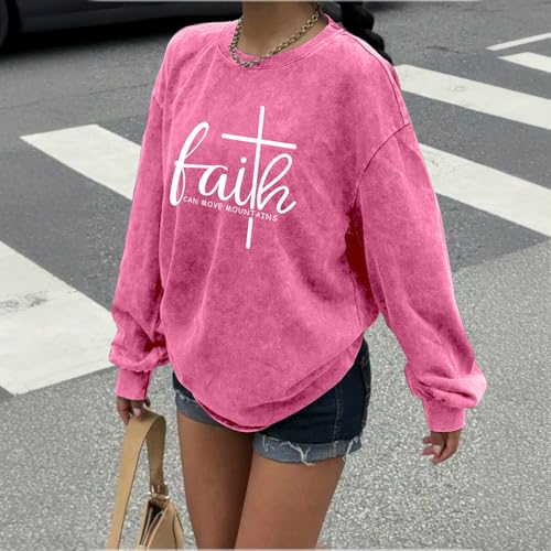 Christian Shirts for Women Faith Can Move Mountains Acid Wash Shirt Jesus Religious Bible Verse Long Sleeve Top - color: Pink, size: Small