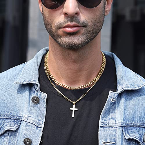 Zocomi Cross Necklace for Men Boys, Stainless Steel Layered Cuban Link Herringbone Chain Cross Pendant Christian Fashion Jewelry Gifts 16-24 Inches - color: Gold, size: 22inch/24inch, style: Cuban+Cuban