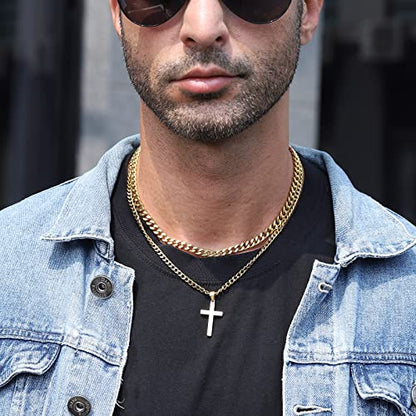 Zocomi Cross Necklace for Men Boys, Stainless Steel Layered Cuban Link Herringbone Chain Cross Pendant Christian Fashion Jewelry Gifts 16-24 Inches - color: Gold, size: 16inch/18inch, style: Cuban+Cuban
