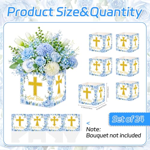 Cinrobiye 24 Pcs Blue Baptism Centerpieces for Tables, First Communion Cross Centerpiece Boxes, God Bless Christening Decorations for Baby Shower, Church Event and Religious Party Decor - color: Blue3