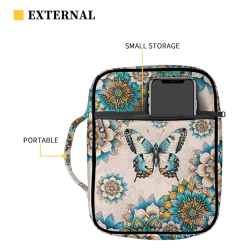 Suobstales Boho Butterfly Print Bible Cover Portable Carrying Book Case Multi-Functional Bible Organizer Case with Handle and Zippered Back Pocket - color: Boho Butterfly