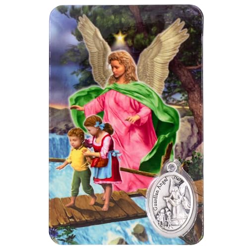 Holy Prayer Card with Built-In Medal Pendant | Laminated Full-Color Prayer Card | Great Variety | Great Christian Gift for First Communion and Confirmation (Guardian Angel Prayer Card with Medal) - color: Guardian Angel Prayer Card with Medal