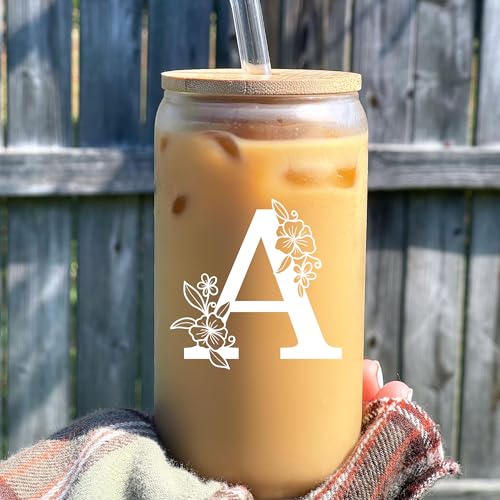 Personalized Tumbler, Monogrammed Can Glass Cups with Bamboo Lids and Straws, Customized Gifts for Women, Cute Design Initial Iced Coffee glasses, Custom Letter Mug, Birthday Bridesmaid, D - style: Monogram D