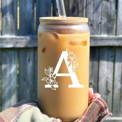 Personalized Tumbler, Monogrammed Can Glass Cups with Bamboo Lids and Straws, Customized Gifts for Women, Cute Design Initial Iced Coffee glasses, Custom Letter Mug, Birthday Bridesmaid, K - style: Monogram K
