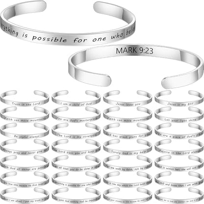 MTLEE 30 Pcs Inspirational Cuff Bracelets Bulk Gifts for Women Motivational Bible Verse Bracelet Silver Personalized - style: Lection