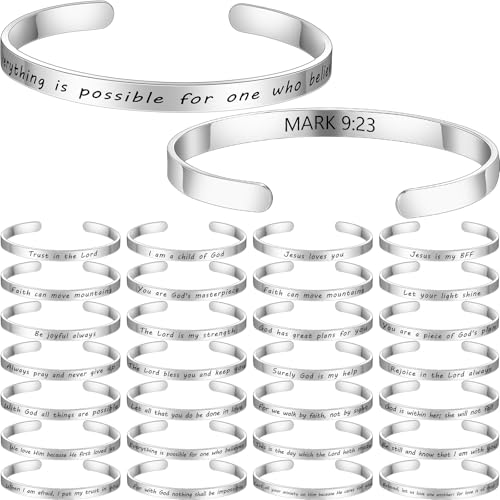 MTLEE 30 Pcs Inspirational Cuff Bracelets Bulk Gifts for Women Motivational Bible Verse Bracelet Silver Personalized - style: Lection