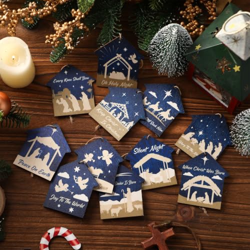 Soaoo 60 Pcs Christmas Nativity Scene Ornaments Bulk Wooden Decor, House - style: House