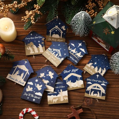 Soaoo 60 Pcs Christmas Nativity Scene Ornaments Bulk Wooden Decor, House - style: House