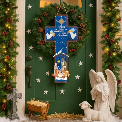 Meooeck 27.5 Easter Door Sign Wooden Religious Cross Hanging Decor Easter Wreaths for Front Door Christian Flowers Lent Hanging Hanger for Farmhouse Front Porch - style: Jesus is the Reason for the Season