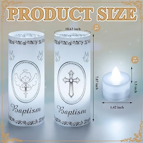 20 Pcs 10 Sets Baptism Centerpieces for Table Baptism Lantern Tea Light Holders with LED Candles Angel Cross Table Lantern for Easter First Communion God Bless Baby Shower Party Decor