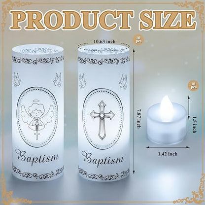 20 Pcs 10 Sets Baptism Centerpieces for Table Baptism Lantern Tea Light Holders with LED Candles Angel Cross Table Lantern for Easter First Communion God Bless Baby Shower Party Decor