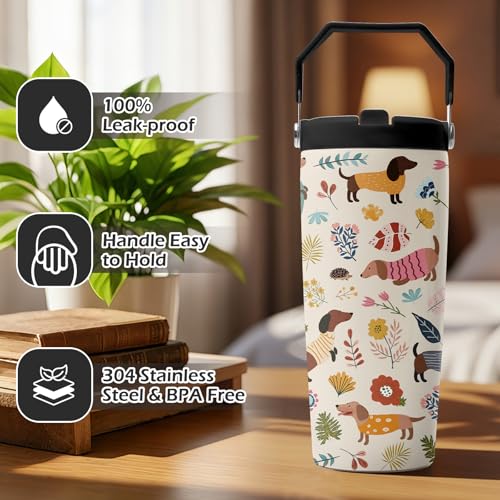 Hiboss Dachshund Tumbler with Handle and Flip Straw 28oz, Insulated Stainless Steel Wiener Dogs Cup Mug, Birthday Gifts for Women Dackel Owners Dog Mom Lovers Girls - color: Dog