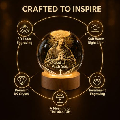 3D God is with You K9 Crystal Ball Night Light, Christian LED Gift - size: 3.15 inches