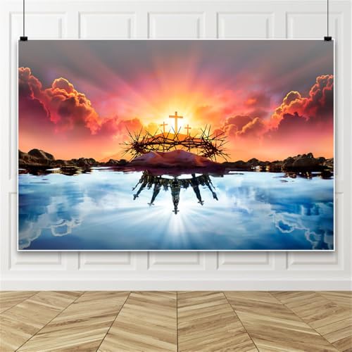Renaiss 7x5ft Resurrection of Jesus Backdrop Reflection of Holy Light Sky on Water Photography Background Crown of Thorns Easter Banner Church Event Christian Party Decoration Photo Booth Props - size: 7x5ft