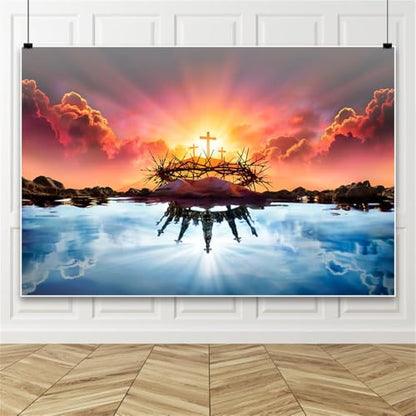 Renaiss 10x8ft Resurrection of Jesus Backdrop Reflection of Holy Light Sky on Water Photography Background Crown of Thorns Easter Banner Church Event Christian Party Decoration Photo Booth Props - size: 10x8ft