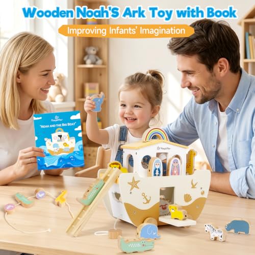 SIMPLIPLAY Wooden Noah's Ark Toy with Animal Shape Sorter & Story Book