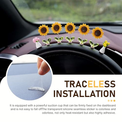 10 PCS Sunflower Car Dashboard Decorations, Cute Bobble Head Sunflowers, Funny Paste Shaking Sunflower Ornaments for Rearview Mirror, Universal for Car Interior Home Office Desk (Yellow)