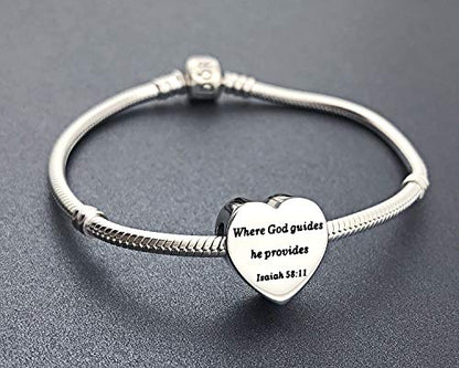 Heart Charm Fit Pandora Charms Bracelet Christian Bible Verse Charm Prayer Faith Religious Charms Gifts for Women - style: Where God guides he provides Isaiah 58:11
