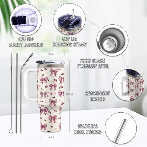 Bow Knot 40oz Tumbler, with Handle & Straw, Stainless Steel Cup - color: Bow Knot