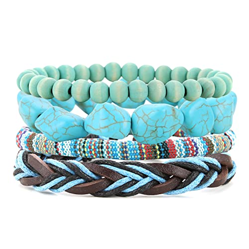 HZMAN Handmade Hemp Cords Wood Beads Leather Bracelets for Men Women - style: Turquoise