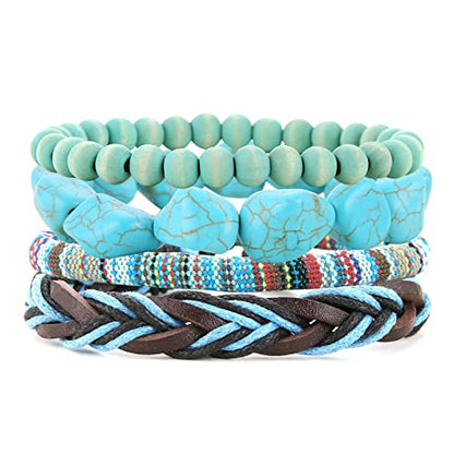 HZMAN Handmade Hemp Cords Wood Beads Leather Bracelets for Men Women - style: Turquoise