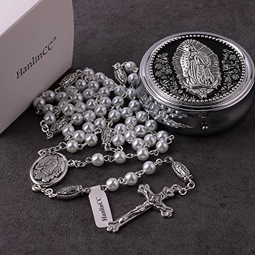 HanlinCC Guadalupe Catholic Rosary Glass Pearl Beads Necklace with Gift Box - color: Guadalupe Rosary White