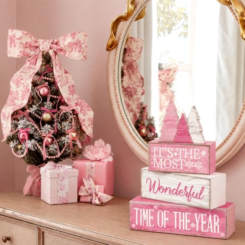 Moucuny 4 Pcs Christmas Table Decoration Wooden Pink Wooden Christmas Tree - style: It’s the Most Wonderful Time of the Year