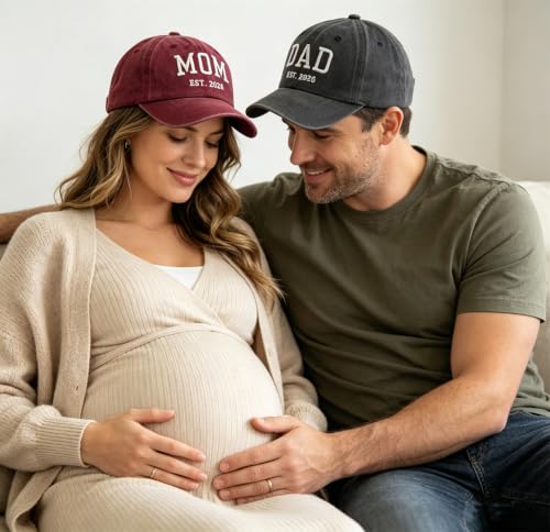 2PCS Dad and Mom EST 2026 Hats for Men Women, New Parents Gifts Cap - color: Black Red