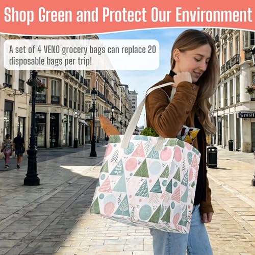 VENO 4 Pack Large Grocery Bag Reusable Shopping Bags with Hard Bottom - color: A - Pastel Forest