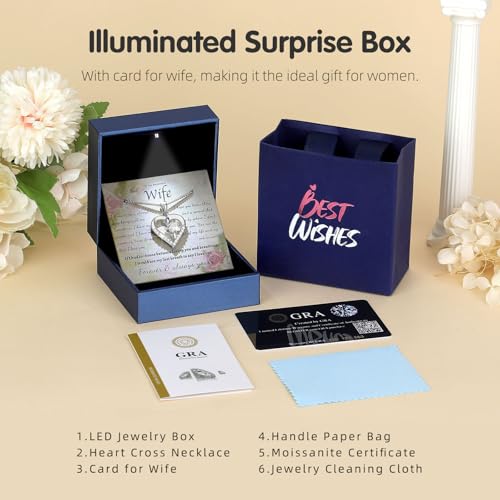 Moissanite Cross Necklace for Women in Light-Up Gift Box Heart Cross Jewelry 1CT Pendant for Women Gift Ideas for Wife Valentines Day Anniversary Birthday (S925 Sterling Silver/18K Real Gold Filled) - style: Silver with Card