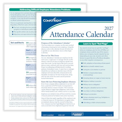 ComplyRight 2027 Attendance Calendar Card, White, Pack of 25 - size: 25 Pack, style: Attendance Calendar Card