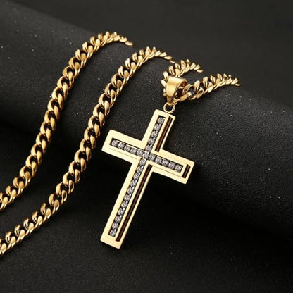 HZMAN Cross Necklace for Men Stainless Steel Cross with Cubic Zirconia Inlay Pendant Necklace with 7mm Cuban Chain 24In - color: Gold