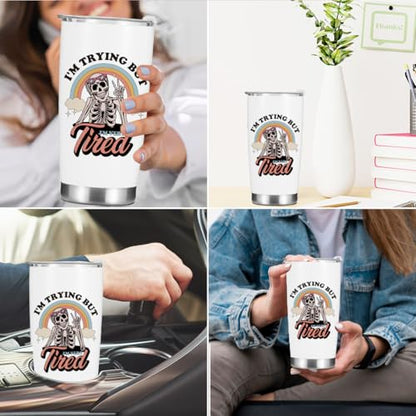 Inspirational Gifts for Women Tumbler, Sarcastic Skeleton Christmas Halloween Birthday Funny Gifts, Rainbow Mental Health Awareness Coffee Mug Stainless Steel Vacuum Insulated Double Wall Travel Cup - color: Trying Tired 1223