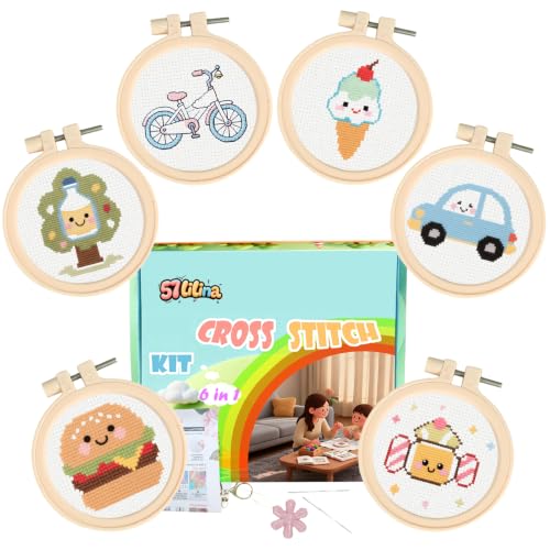 57lilina Easy Embroidery Kit for Kids Beginners, 6 Set Cute Stamped Pattern - color: Tree+Bicycle+Ice Cream+Burger+Car+Candy