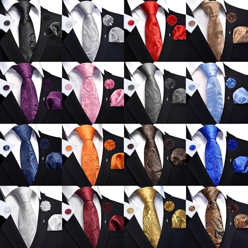 GUSLESON Paisley Tie Set for Men 3.15" Necktie Lapel Pin Hankerchief Cufflinks Set for Men - color: Orange