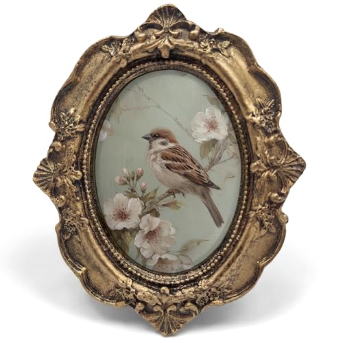 Vintage Bird Floral Small Bronze Oval Picture Frame, Sparrow Spring Mini Ornate Photo Frame Baroque for Wall Art Decor TableTop Desk, Rustic Framed Artwork Gifts for Office Bedroom 4x5in - color: bird flower