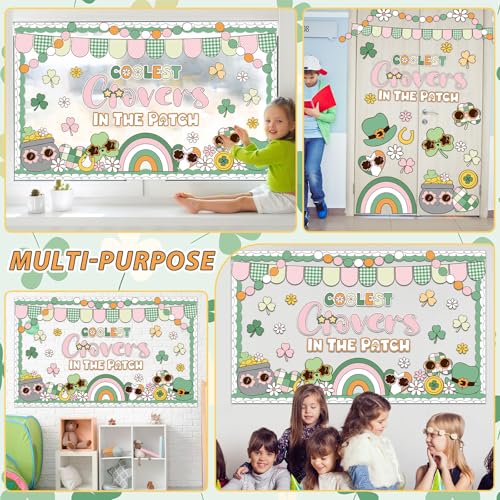 St. Patrick's Day Bulletin Board Decoration Boho Hippie Groovy Classroom Bulletin Board Set Lucky Shamrock Clover Rainbow Daisy Flower Paper Cutouts for Irish Holiday School Chalkboard Wall Door Decor - style: Shamrock