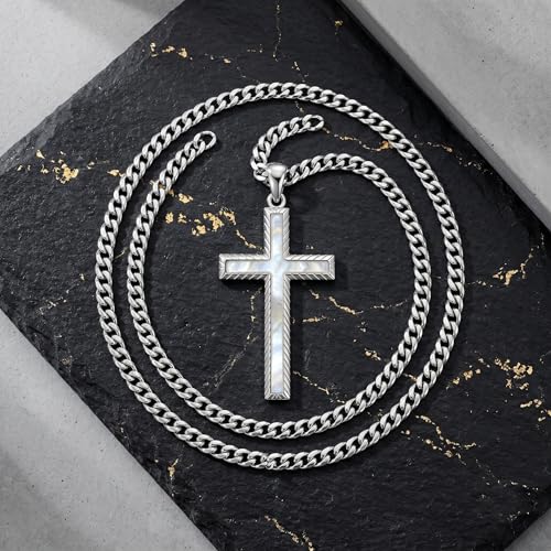 MRENITE Silver Natural Stone Cross Necklace, Classic Latin Cross Pendant Necklace for Unisex Women Man, Vintage Crystal Quartz Cross Necklace with 20+2 Inches Adjustable Cuban Chain - style: Mother of Pearl