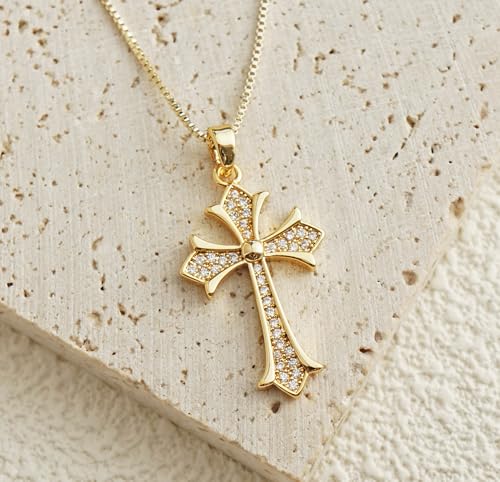 Gold Cross Necklace for Women, 14K Gold Plated - style: dainty CZ Cross