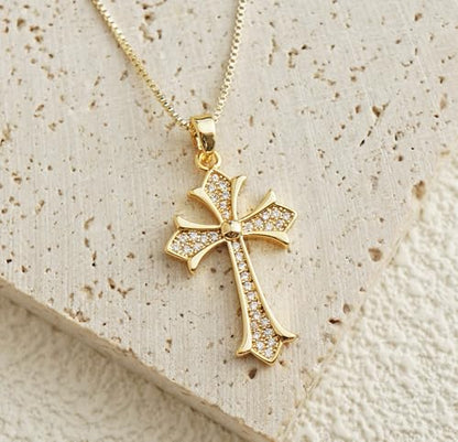 Gold Cross Necklace for Women, 14K Gold Plated - style: dainty CZ Cross