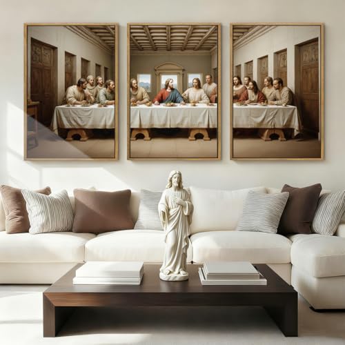 The Last Supper Canvas Wall Art Framed Christian Wall Decor 16x24 Inch Framed Jesus Religious Painting Modern Bible Pictures Set of 3 for Living Room Bedroom Hallway Office - color: The Last Supper, size: 24"L x 16"W