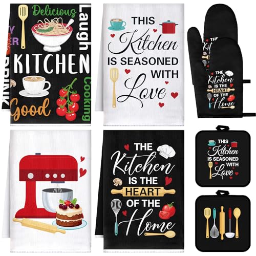 Leinuosen 8 Pcs Cuisine Kitchen Decor Accessories Set Farmhouse Towels Oven Mitts Pot Holders Dishcloths Set Kitchen Decorative Absorbent Gloves Potholders for Chef Baking Cooking - color: Colorful, style: Cuisine