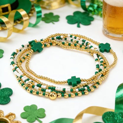 Gold Beaded Bracelets Stack for Women Stackable 14K Gold Plated Beads Ball Cross Bracelet Boho Christian Jewelry Faith Friendship Birthday Gifts for Women - color: St Patricks Day