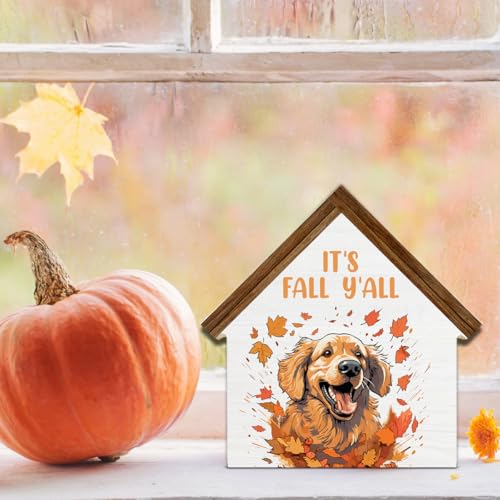 Fall Dog Decorations, Golden Dog Maple Leaves House Shaped Wood Block Sign - color: Its