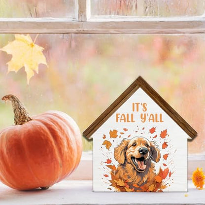 Fall Dog Decorations, Golden Dog Maple Leaves House Shaped Wood Block Sign - color: Its