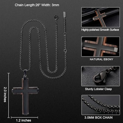 Wooden Cross Necklace for Men With Stainless steel And Black Ebony Adjustable Box Chain 24–26 inches Suitable for Everyday Wear And Christian Gifts for Men - color: Black-M