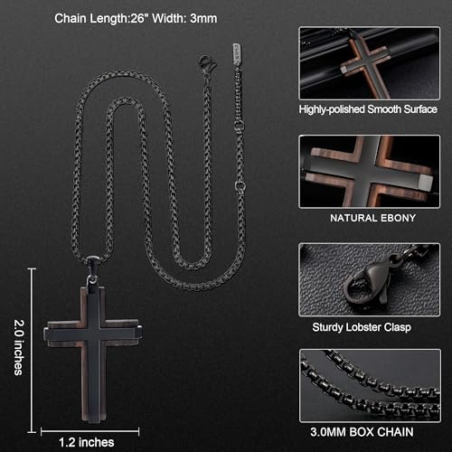 Wooden Cross Necklace for Men With Stainless steel And Black Ebony Adjustable Box Chain 24–26 inches Suitable for Everyday Wear And Christian Gifts for Men - color: Black-M