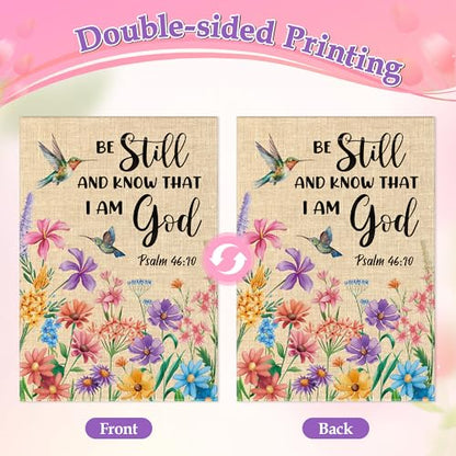 WATINC Christian Hummingbird Flower Garden Flag - 12 x 18 Inch Linen Religious Be Still and Know That I am God Yard Flag for Outside, Spring Summer Double Sided House Outdoor Decor for Porch Lawn